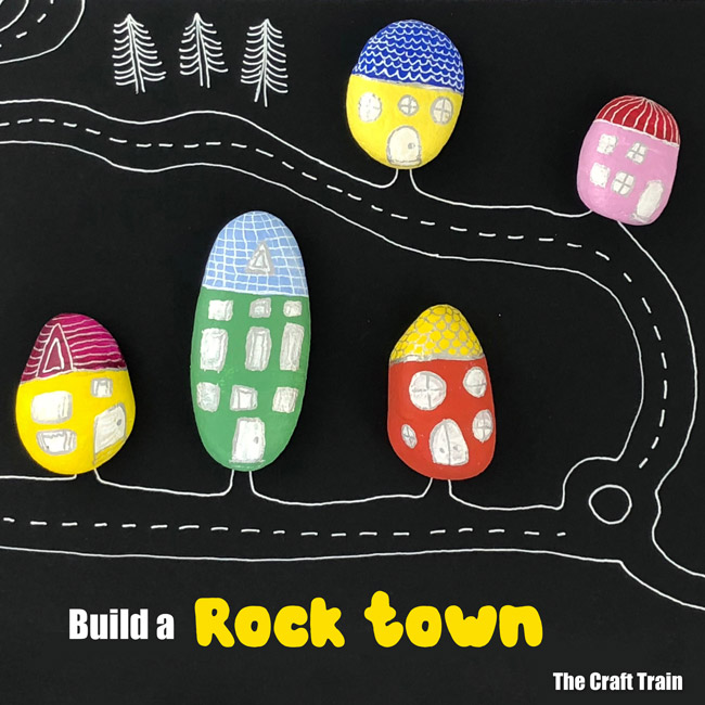 Rock painting – make a tiny town of rock houses from the Rock Art Handbook by Samantha Sarles. This book has tons of fun rock painting ideas for all ages #rockpainting #rockcraft #rockarthandbook #fairyhouses