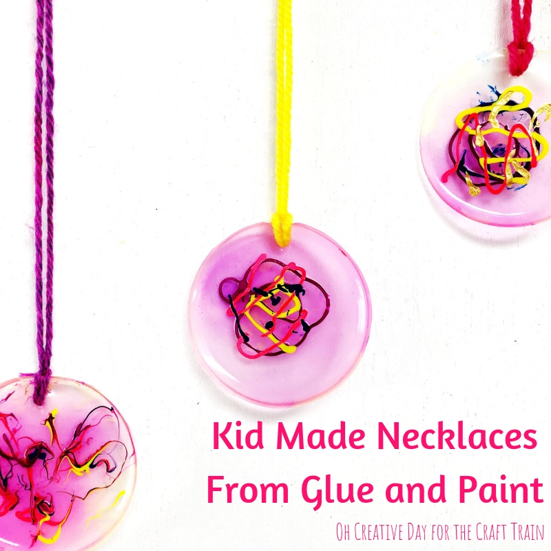 Kid made necklaces with glue and paint. This would make a great DIY gift idea for somebody special! By Oh Creative Day for The Craft Train #handmadegifts #kidscrafts #jewellery #kidmade