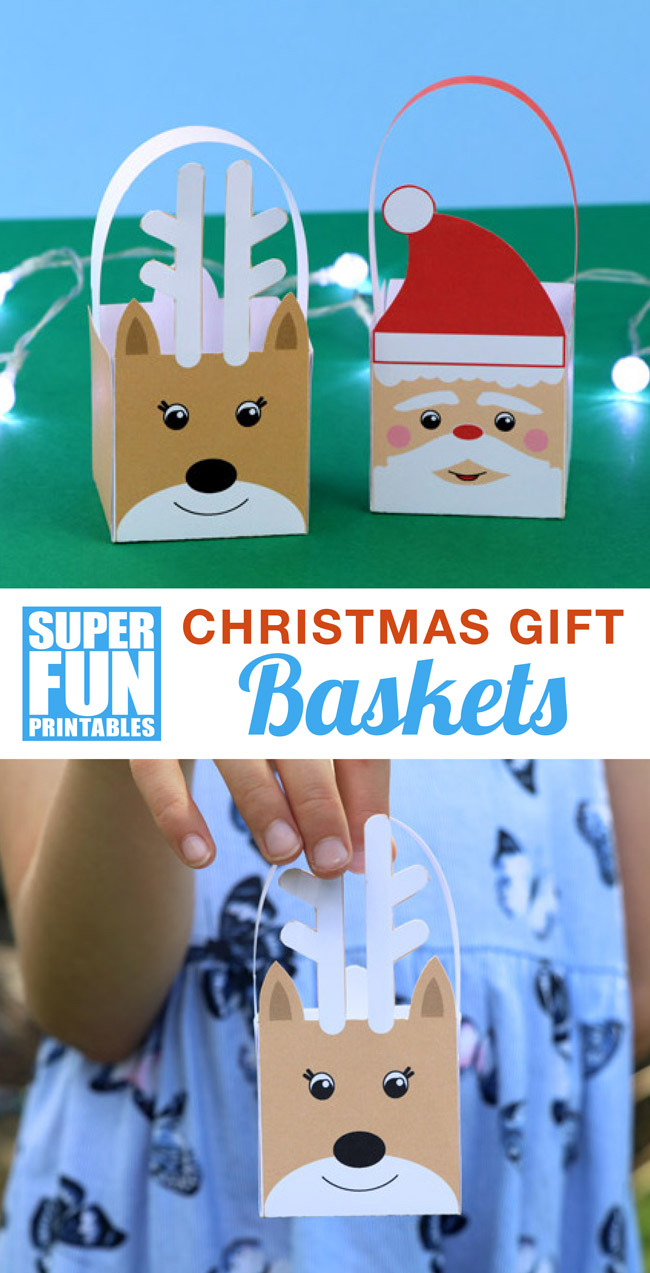 Easy printable Christmas baskets kids can make. These come in both reindeer and Santa designs and have a full colour and black and white version so kids can colour their own. THey would make a lovely handmade gift idea with a small treat or gift inside #christmascrafts #christmasprintables #Santa #reindeer #kidscraft #kidsactivities