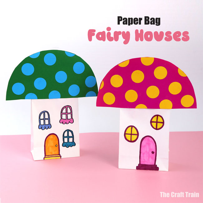 Fairy houses made from paper bags. Use these cute toadstool homes for play or place an LED tealight inside them to make a paper bag lantern #fairycraft #fairies #paperbags #toadstool #kidscrafts #fairyhouse
