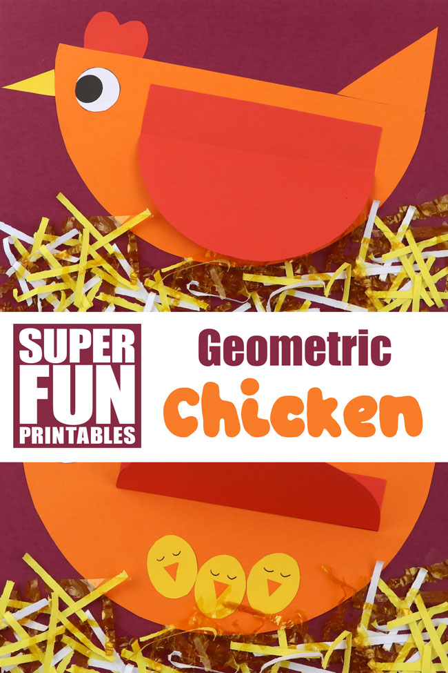 Adorable geometric chicken craft for kids. This is a simple cutting and pasting craft activity for kids using geometric shapes to create a mother hen with three baby chicks tucked under her wing. It makes a great Spring or animal paper craft idea #spring #animalcraft #papercraft #kidscrafts #spring #chick #eastercraft #finemotor
