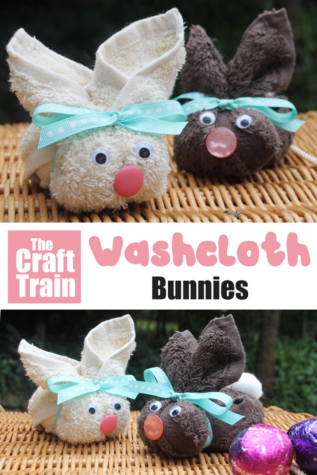 Washcloth bunny craft for Easter. Make a simple Easter bunny from a washcloth and place a chocolate egg on it's back to make a sweet handmade gift for Easter #Easter #handmadegifts #bunny #eastercraft #bunnycraft #handmadegift #washclothcraft