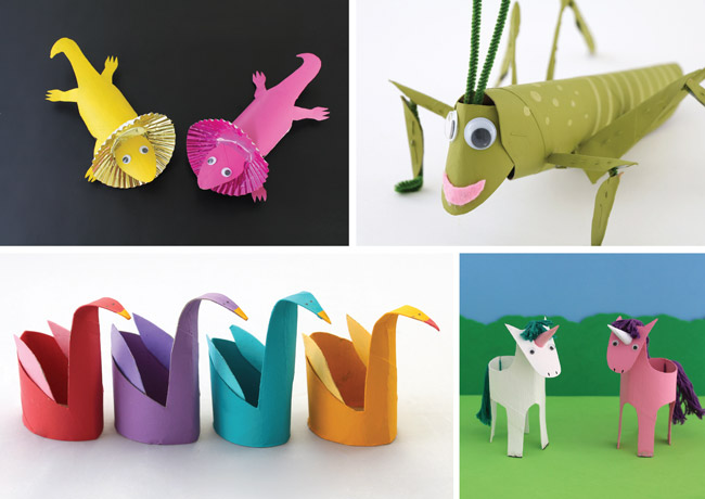 Animal crafts made from paper rolls. Paper roll lizards, grasshopper, swans and unicorns #paperrolls #kidscrafts #toiletrolls #cardboardtubes #recyclingcrafts