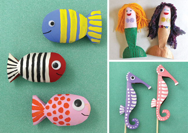 Ocean creatures fom paper rolls – fish, mermaids and seahorses
