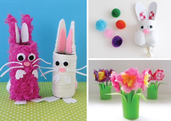 Spring crafts from paper rolls – bunnies, bunny pom pom popper and flowers