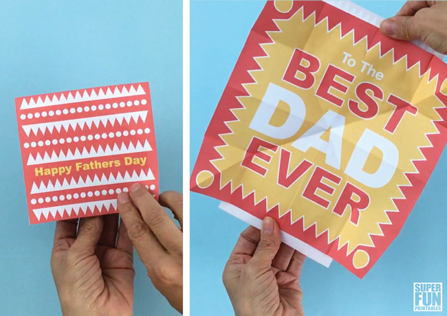 printable fathers day cards - explosion paper craft pop up card. Open the "gift" to reveal a pop up message for Dad, Grandpa, or Pop. This card uses a simple origami folding technique #cards #printables #papercraft #fathersday #superfunprintables #kidscards #kidsactivities