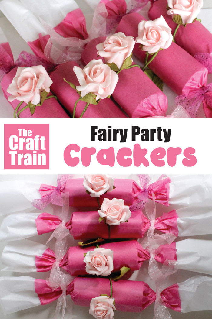 How to make your own crackers for a fairy party. Easy DIY cracker tutorial on how to make pink and white party crackers decorated with roses #DIYcrackers #partycrackers #fairyparty #kidsparties #fairies #roses #thecrafttrain