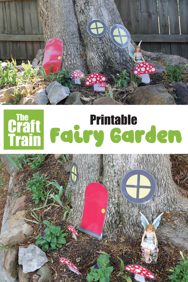 Printable fairy garden props for creating a decorative fairy garden. Printable template includes fairy door, windows and mushrooms to laminate and place in the garden. Perfect for a kids fairy party or just to create a fairy garden in Summer #outdoorfun #fairies #fairygarden #printable #fairyprintable #fairycrafts #printablecrafts #gardeningwithkids #fairies
