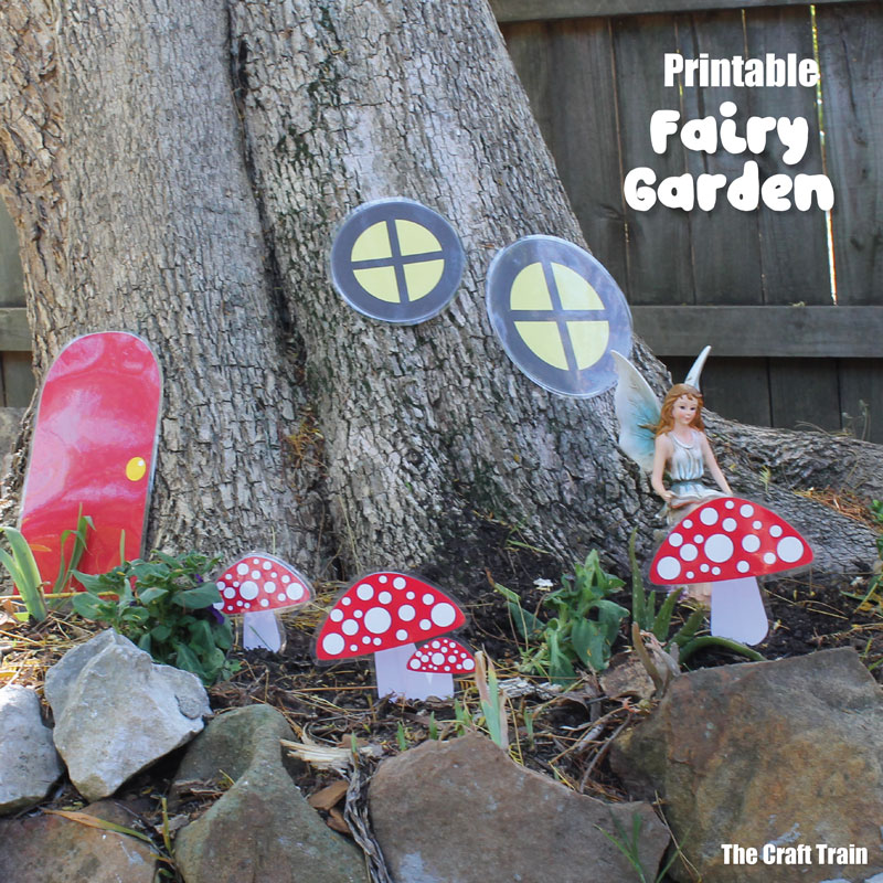 Easy fairy garden idea with kids. Printable door, windows and mushrooms to laminate and place in the garden #outdoorfun #fairies #fairygarden #printable #fairyprintable #fairycrafts #printablecrafts #gardeningwithkids #fairies