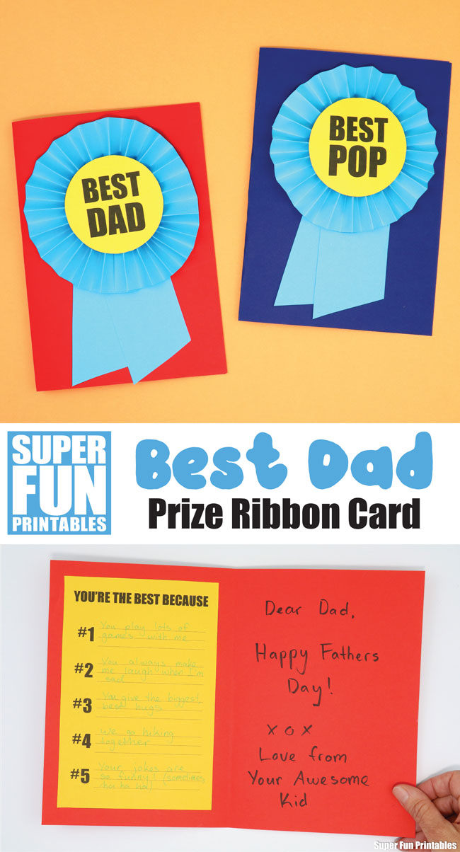 Fathers day card idea - make a Best Dad card by creating a paper prrize ribbon rosette and then listing the reasons why he is so awesome on the inside. Printable template available #fathersday #fathersdaycard #handmadecards #papercrafts #kidscrafts #printables #superfunprintables #thecrafttrain