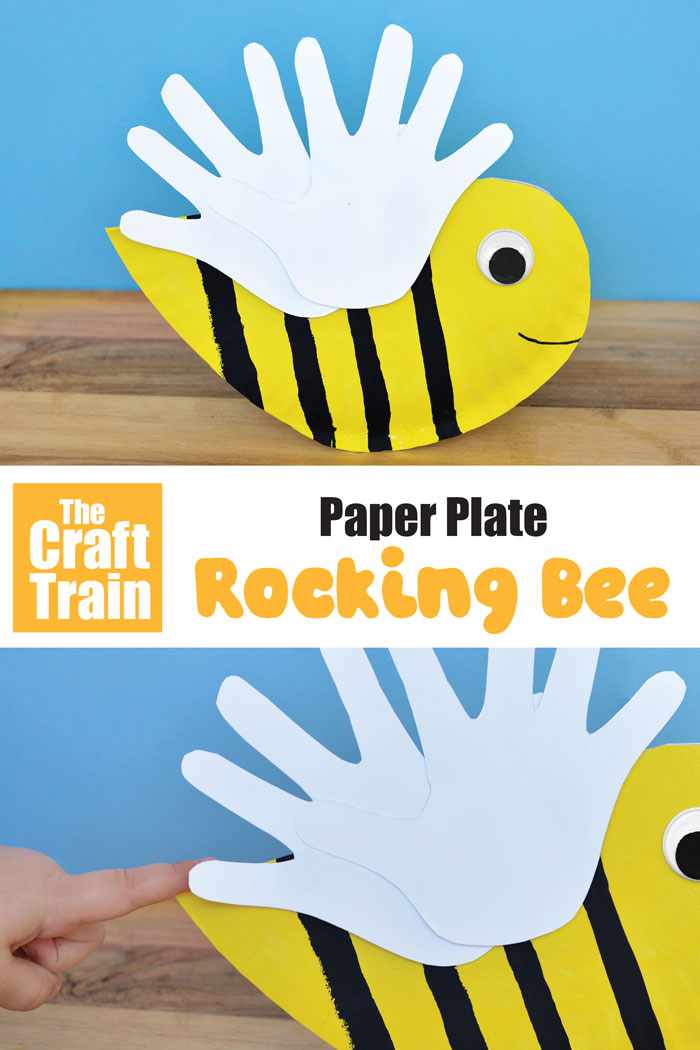 Paper plate rocking bee craft for kids. Create an adorable bee for Spring or Summer that rocks back and forth. This would be a great craft for preschoolers with it's cute handprint wings, and may also be a great addition to a unit on mini beasts for grade school children #bee #beecraft #paper plates #paperplatecraft #rockingcraft #handprint #handprintcrafts #kidscrafts #preschool #thecrafttrain