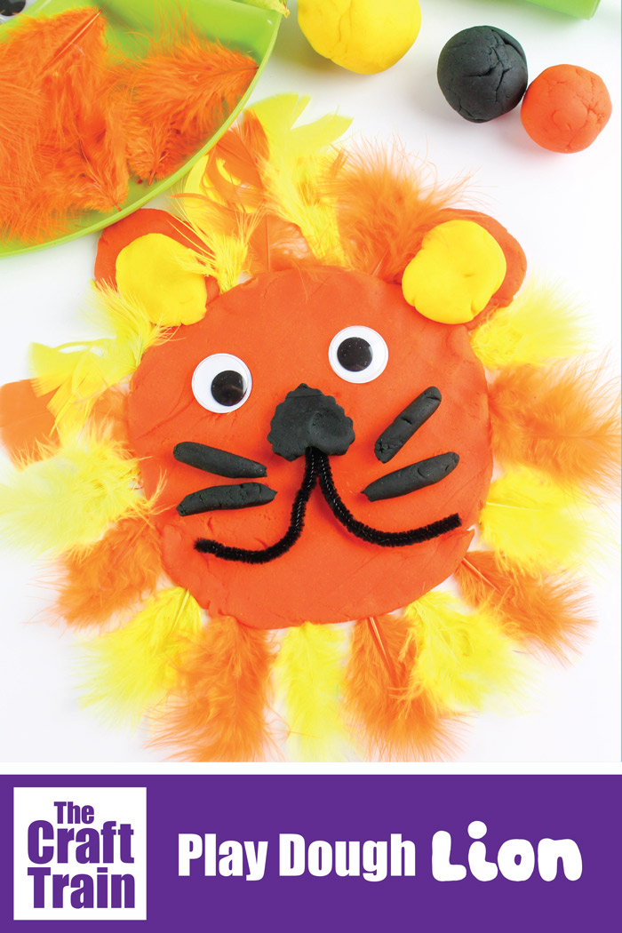Lion play dough craft for kids. THis is a fun invitation to play using play dough in lion colours and loose parts. Of course, the number of other things kids can make is only limited by the imagination! This is a fun idea for quiet time after you've gone top see The Lion King movie. DIY play dough recipe included. #playdough #quiet time #safarianimals #kidsactivities #busytrays #looseparts #quiettime #preschool #animalcrafts #africananimals #thecrafttrain