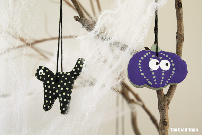 Halloween salt dough ornaments hanging in tree