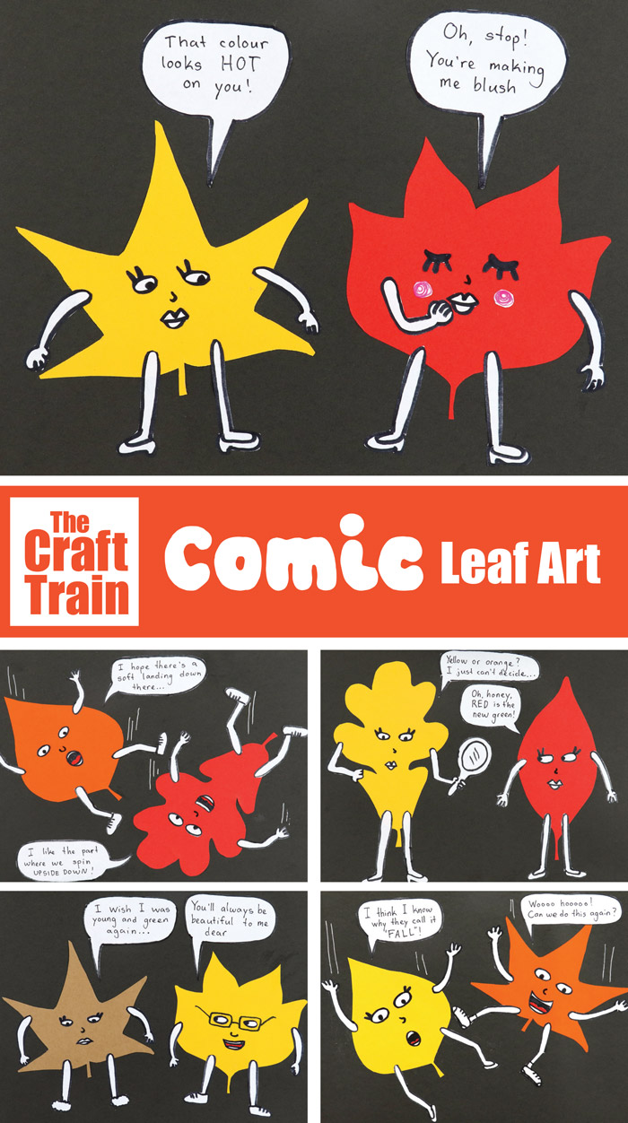 Comic leaf art idea for kids using printable leaf templates #leafart #kidsart #comicart #cartooonart #autumn #fall #fallcrafts #thecrafttrain #superfunprintables #printablecrafts