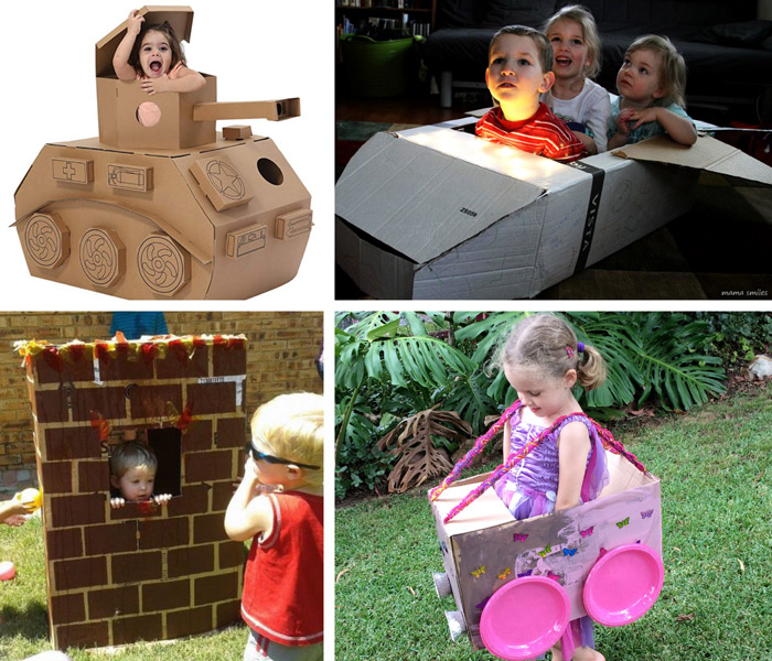 Large scale cardboard toys for pretend play, a tank, a space shuttle a house on fire cubby and a car
