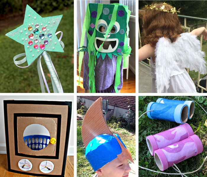 cardboard pretend play ideas, sparkly wands, monster costume, angel wings, washing machine, a knight's helmet and paper roll binoculars