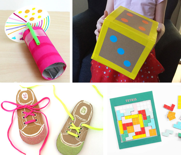DIY cardboard STEM toys – a kaleidoscope, a giant dice, shoe lacing cards and a home made Tetris puzzle