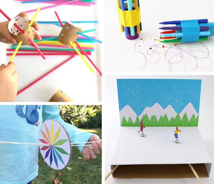 DIY cardboard STEM toys. Threading activity, paper roll scribblers, a cardboard disc spinner and a magnetic ice skating theatre