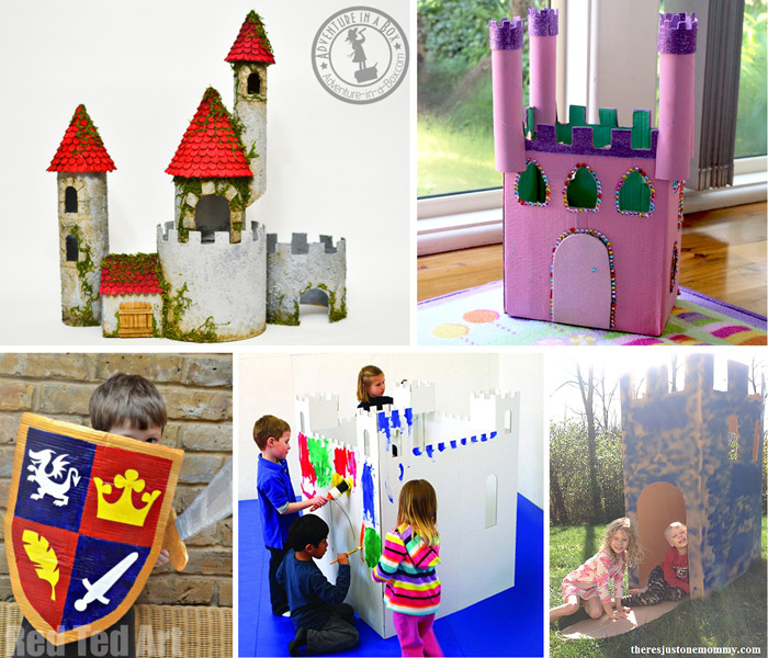 Cardboard castles DIY, a realistic castle for play made from recyclables, a princess castle, a knight's shield. a castle cubby you can decorate and a home made castle cubby
