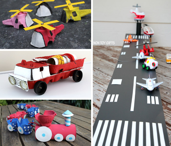 cardboard vehicles, egg carton helicopters, an egg carton train, an egg carton fire engine and a cardboard airport