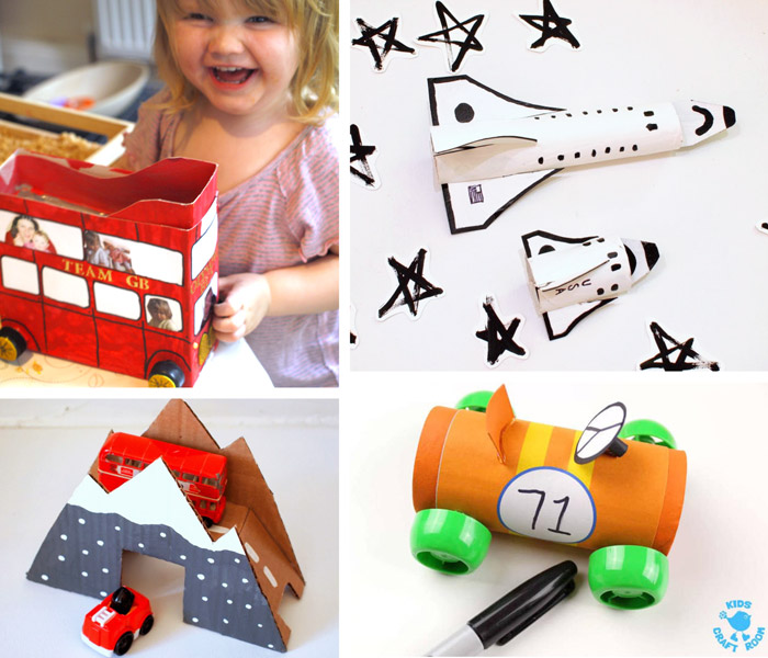 more cardboard vehicles, a london bus, cardboard space shuttles, a car ramp and a paper roll car