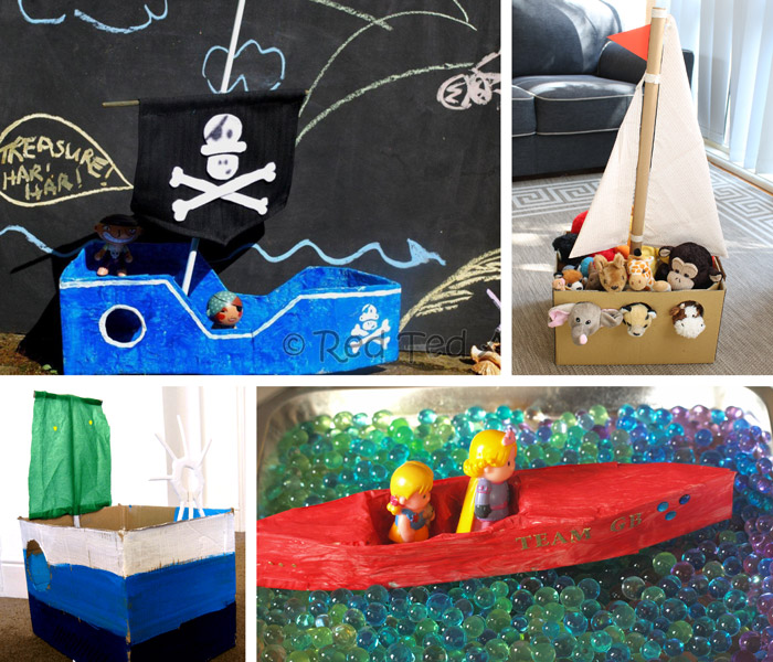 cardboard boats, a pirate ship, Noah's ark, a kid-made boat, and a mini cardboard canoe