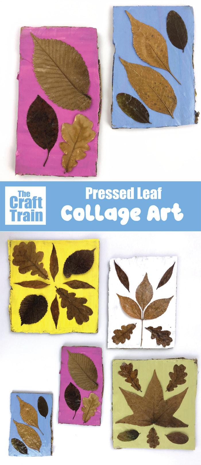 Pressed leaf wall art idea for kids. Create leaf artworks using leaves collected and pressed and arranged onto scrap pieces of cardboard which have been painted in bright colours #leafart #autumn #kidsart #pressedleaves #thecrafttrain #naturecrafts