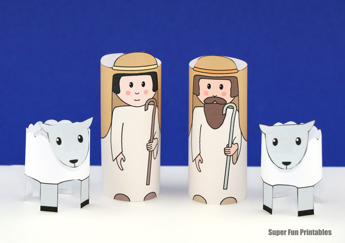 Paper shepherds and sheep printable from the Christmas nativity