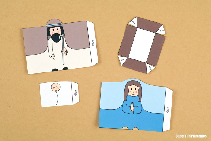 Printed characters ready to make from the Christmas nativity - Mary, Joseph and baby Jesus