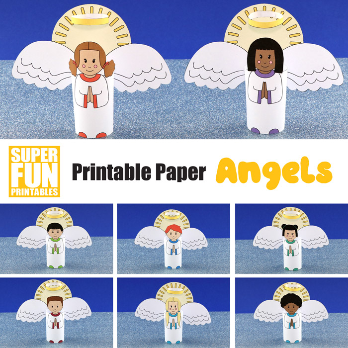 Printable angel craft for kids - this printable set contains eight assorted printable angels with different hair and skin colour