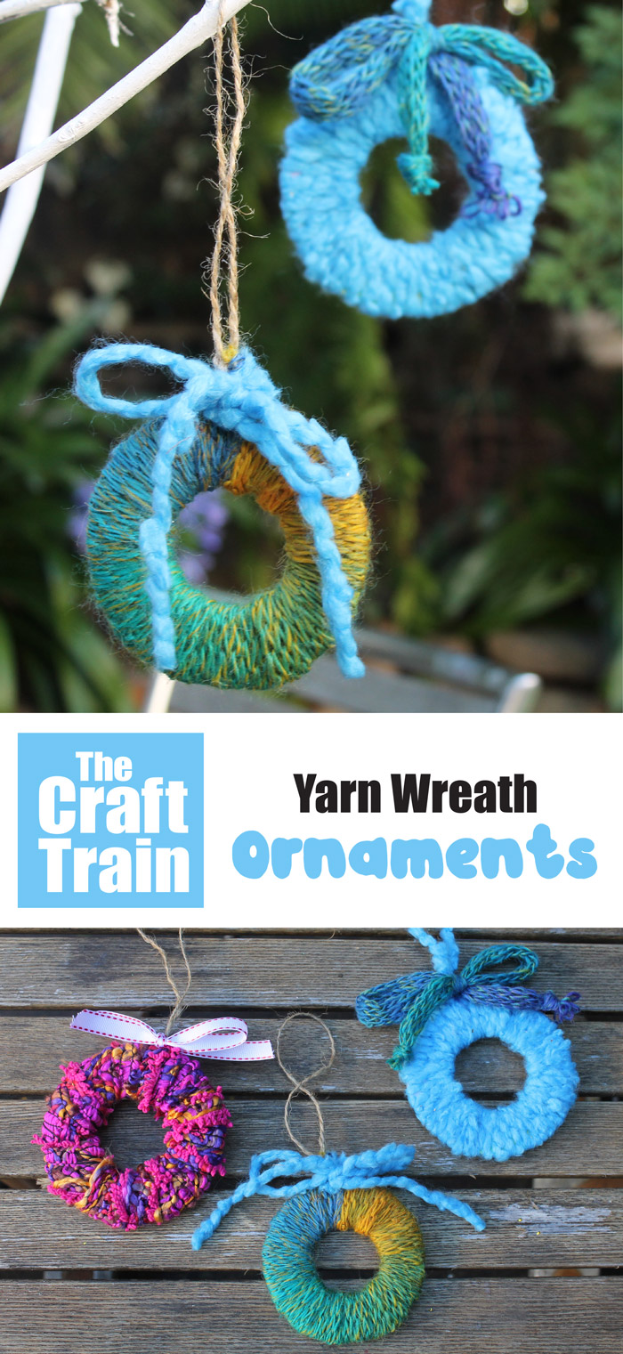 Yarn wreath ornaments kids can make as an easy Christmas craft idea. #yarn #christmas #christmascrafts #kidscrafts