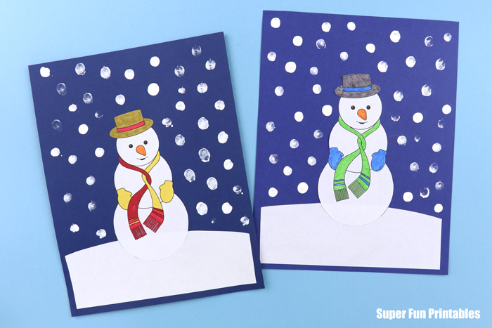 snowman art idea - make a snowman on white paper glued onto dark blue paper with finger print snow dotted all around, printable template available