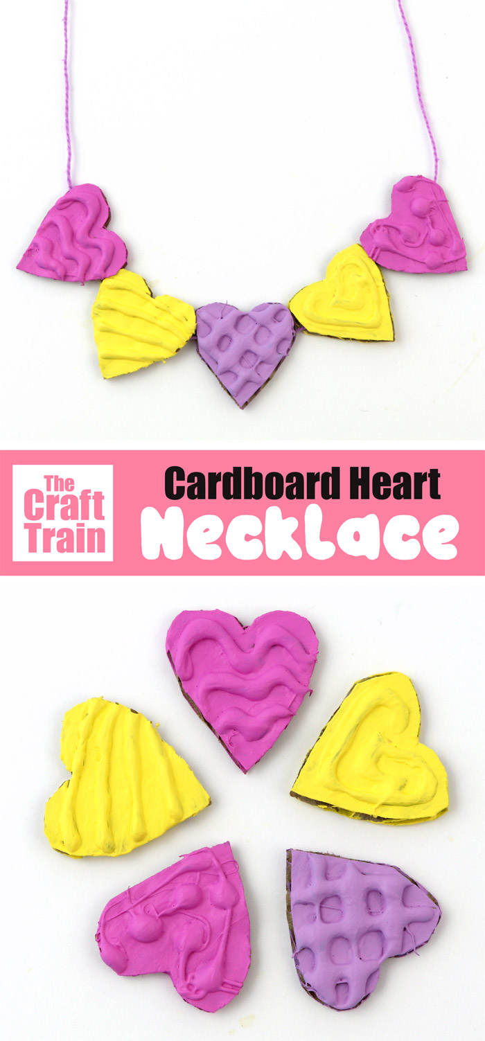 heart shaped cardboard necklace craft for valentines day using recycled card board and a hot glue gun to create textured patterns