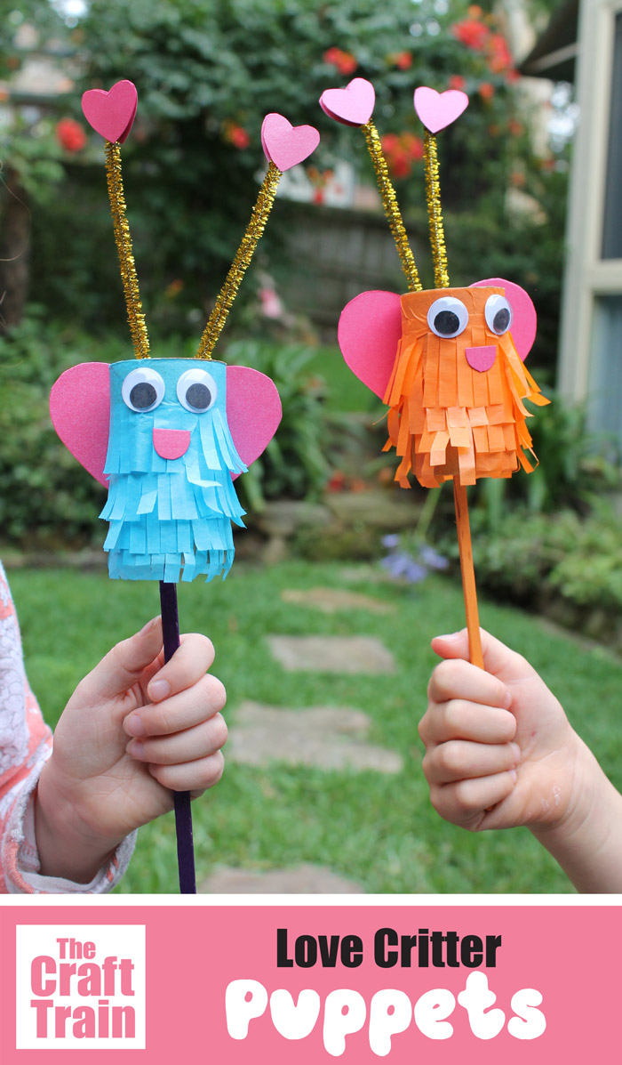 Valentines day craft idea, make cute paper love critter puppets from recycled paper roll and tissue paper