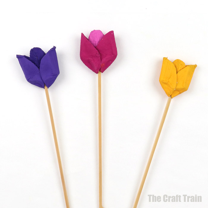 egg carton tulips with bamboo skewer stems
