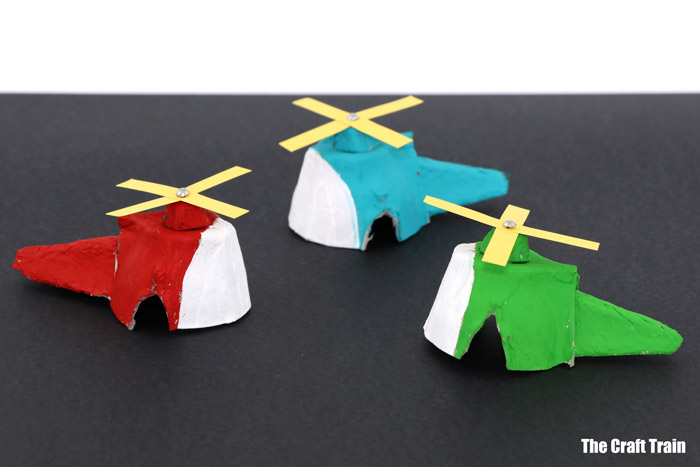 three egg carton helicopters - a fun DIY toy idea for kids