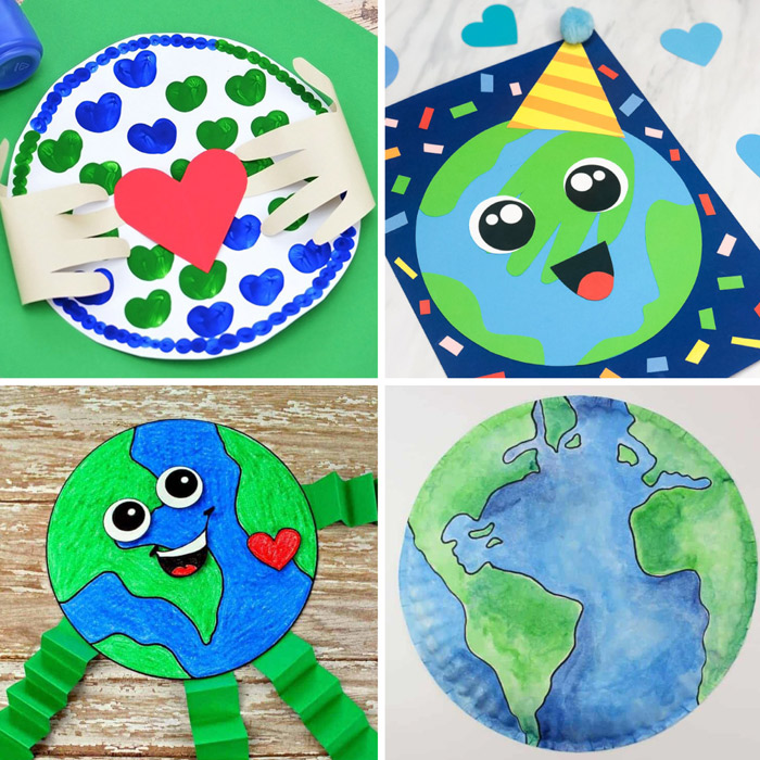 earth and hands craft, earth party hat craft, happy earth man craft, earth paper plate craft