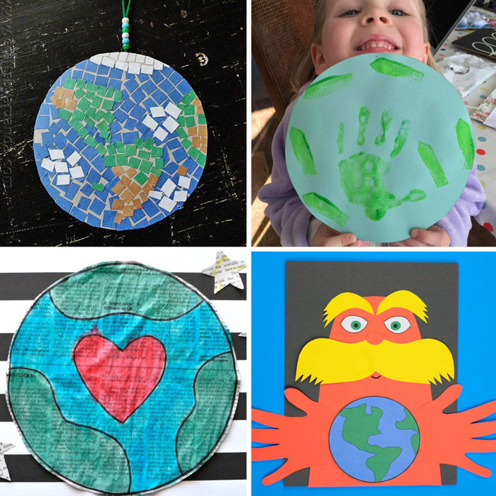 earth day mosaic, earth handprint art, earth newspaper art, earth day lorax craft