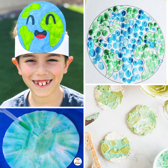earth day paper hat, finger print earth day art, coffee filter earth day art, earth toasts