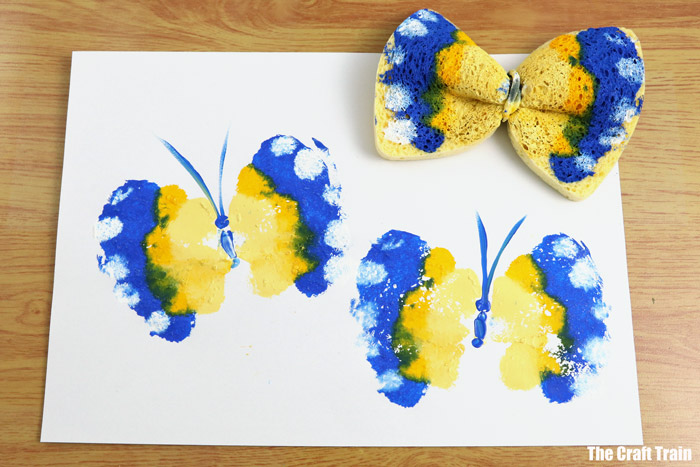 blue and yellow butterfly prints made from sponges