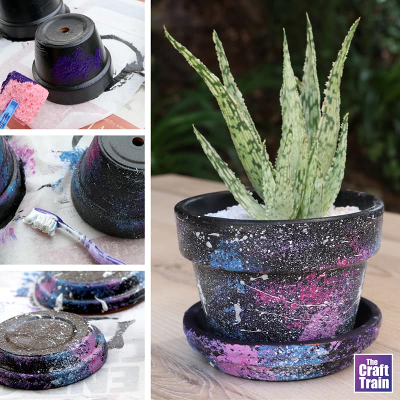 Galaxy pot DIY for kids – make a succulent planter with a splatter-painted galaxy design