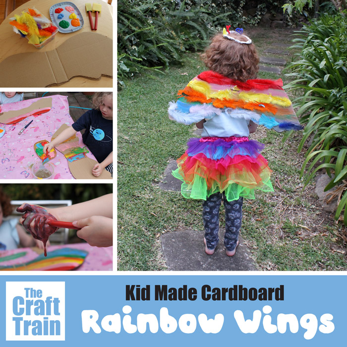 cute cardboard recycling craft idea – make a pair of rainbow wings for imaginative play