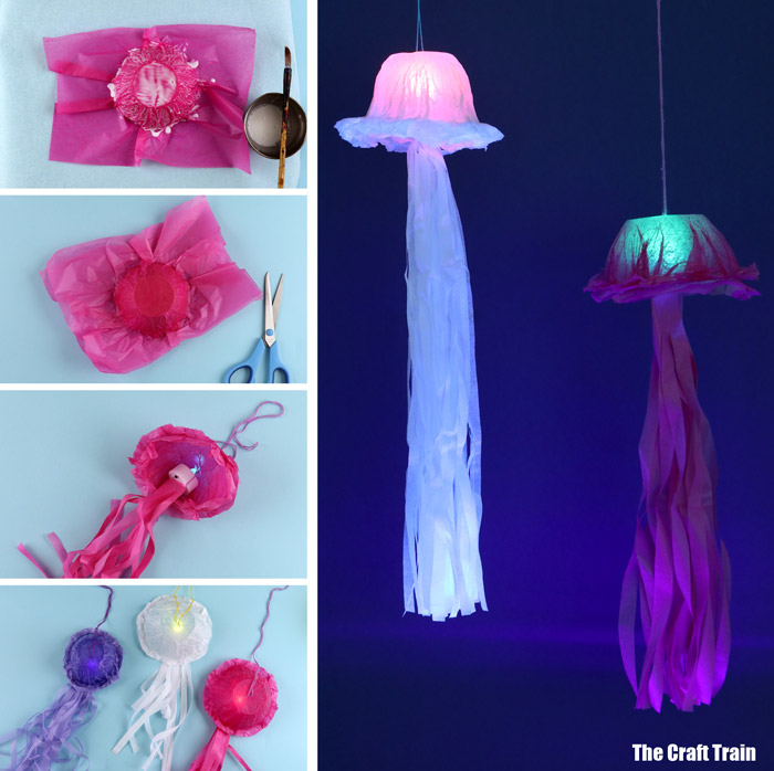 tissue paper jellyfish craft that can light up like a bioluminous jellyfish