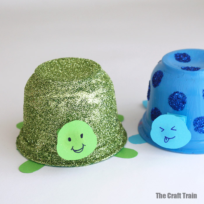 easy tortoise craft for kids made from recycled plastic tubs