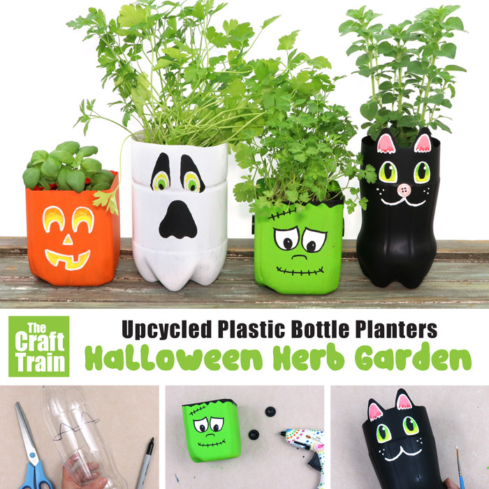upcycled plastic bottle planters for Halloween