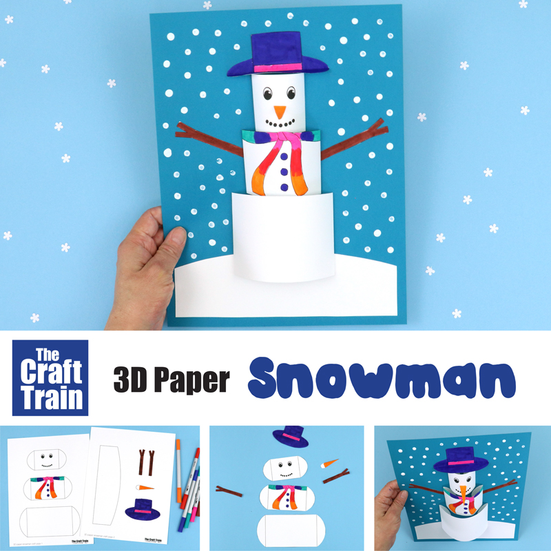 3D paper snowman craft for kids with printable template