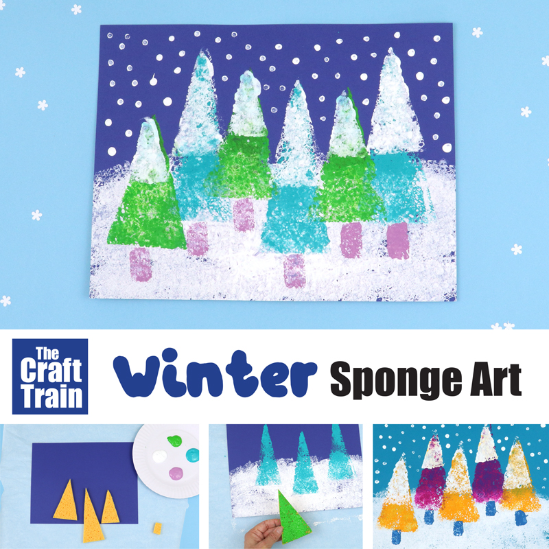 Winter landscape art activity made using sponge printing