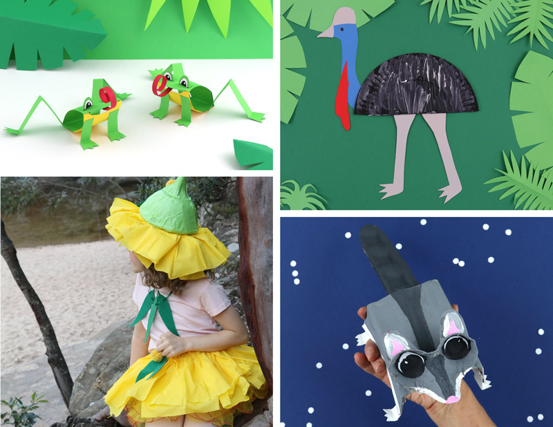 green tree frog, paper plate cassowary, gumnut baby costume and egg carton sugar glider