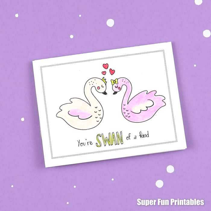 Swan of a kind Valentine printable colouring card