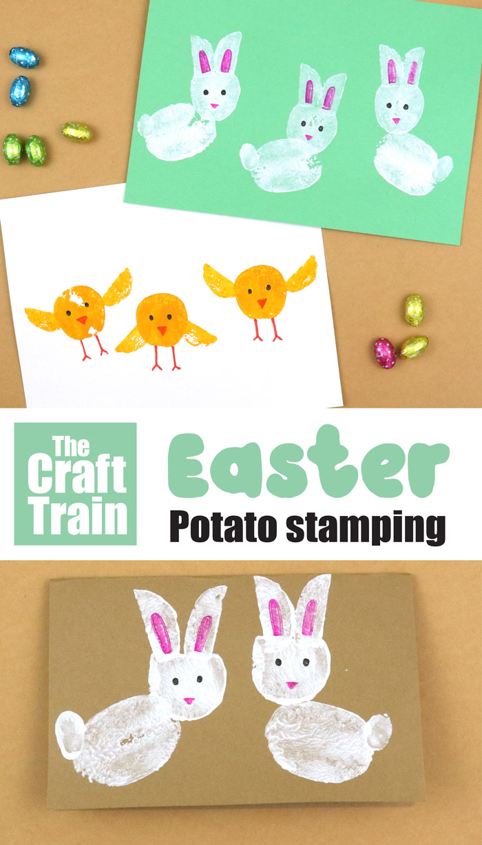 Easter potato stamp art idea for kids. Make potato stamp bunnies or chicks as cards or wall art